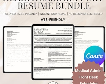Healthcare Support Resume Template Bundle | Medical Receptionist Resume + Cover Letter + Thank You | Canva Editable
