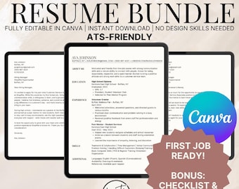 Entry-Level Resume Template Bundle: First Job Cover Letter, Thank You Note, Checklist - Canva