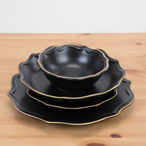 Dinnerware Set Ceramic Black with Gold Decorated Edges Dinnerware Set for 1-6-12 Persons gifts for, Gifts for a lifetime, Dining and Serving image 1