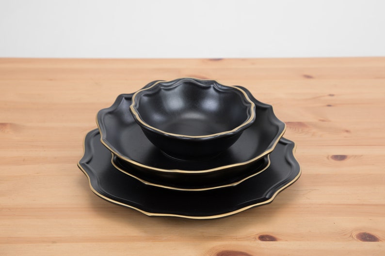 Dinnerware Set Ceramic Black with Gold Decorated Edges Dinnerware Set for 1-6-12 Persons gifts for, Gifts for a lifetime, Dining and Serving zdjęcie 1