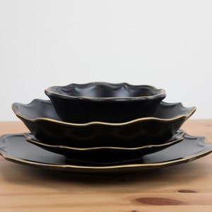 Dinnerware Set Ceramic Black with Gold Decorated Edges Dinnerware Set for 1-6-12 Persons gifts for, Gifts for a lifetime, Dining and Serving image 3