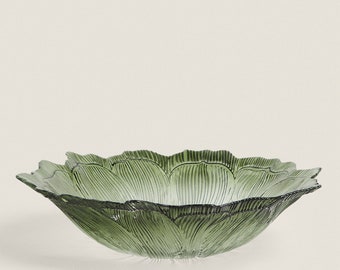 Glass salad bowl in the shape of a cabbage leaf, produced from handmade Glass and decorated with organic pottery gifts for,