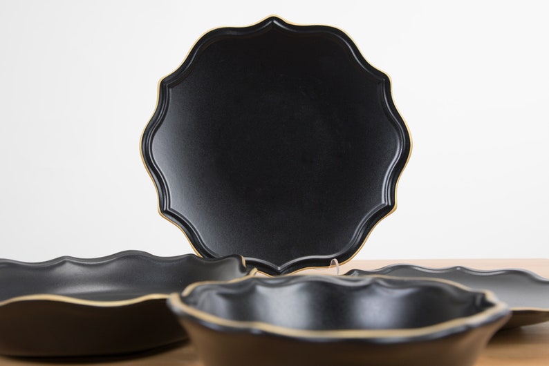 Dinnerware Set Ceramic Black with Gold Decorated Edges Dinnerware Set for 1-6-12 Persons gifts for, Gifts for a lifetime, Dining and Serving image 10