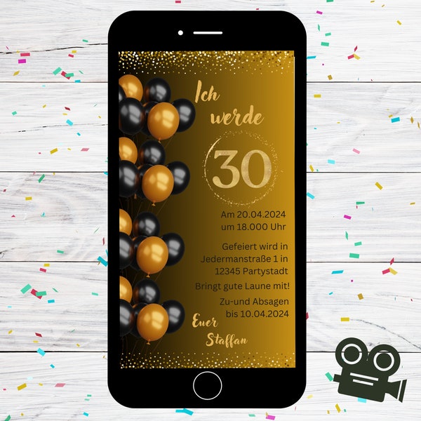 Personalisierbare Digitale Einladungen zu 30 Geburtstag |  Zum Versenden per WhatsApp | E-card für den 30 Geburtsag | animierte E-Card