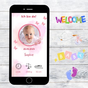 Annuncio nascita digitale baby rosa | Annuncio di nascita digitale personalizzabile | inviare tramite WhatsApp | Annuncio di nascita in rosa