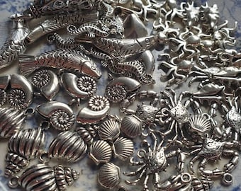 Sixty (60) Metal, Silver Color, Charms. Jewelry Making, Junk Journals, Crafting. Sea, Ocean Themed.
