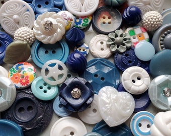 Cottage Chic Buttons ... Shades of Blue, White ... Fifty (50) Vintage Buttons.