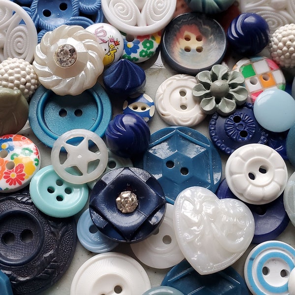 Cottage Chic Buttons ... Shades of Blue, White ... Fifty (50) Vintage Buttons.