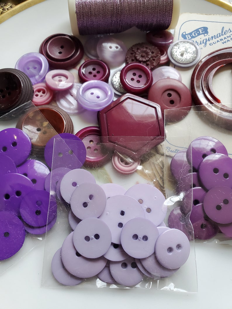 Fifty Cottage Chic Buttons .. Shades of Purple plus Thread .. Buttons. 50