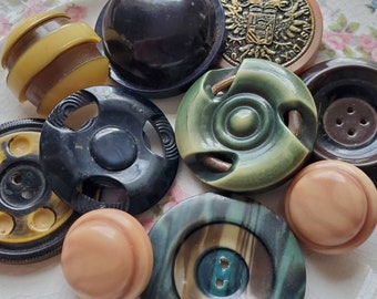 Ten (10) Special Vintage or Antique Buttons. Celluloid, Metal, Other. Measure about 1 7/8" or less.