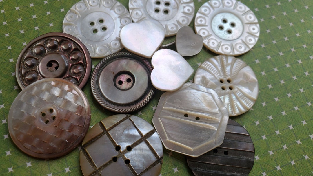 Thirteen (13), Carved Shell Buttons. Vintage. Measure Approx 1 1/4" and ...