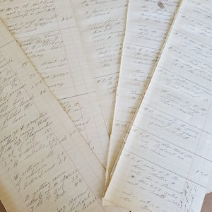 Ten (10) VICTORIAN Era Ledger Pages, Antique, 1870s. Pages Measure about 5" x 15 1/2".  Fiscal Diary??