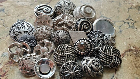 Vintage Plastic Buttons Set of 5 Gray Metalized Silver Buttons One