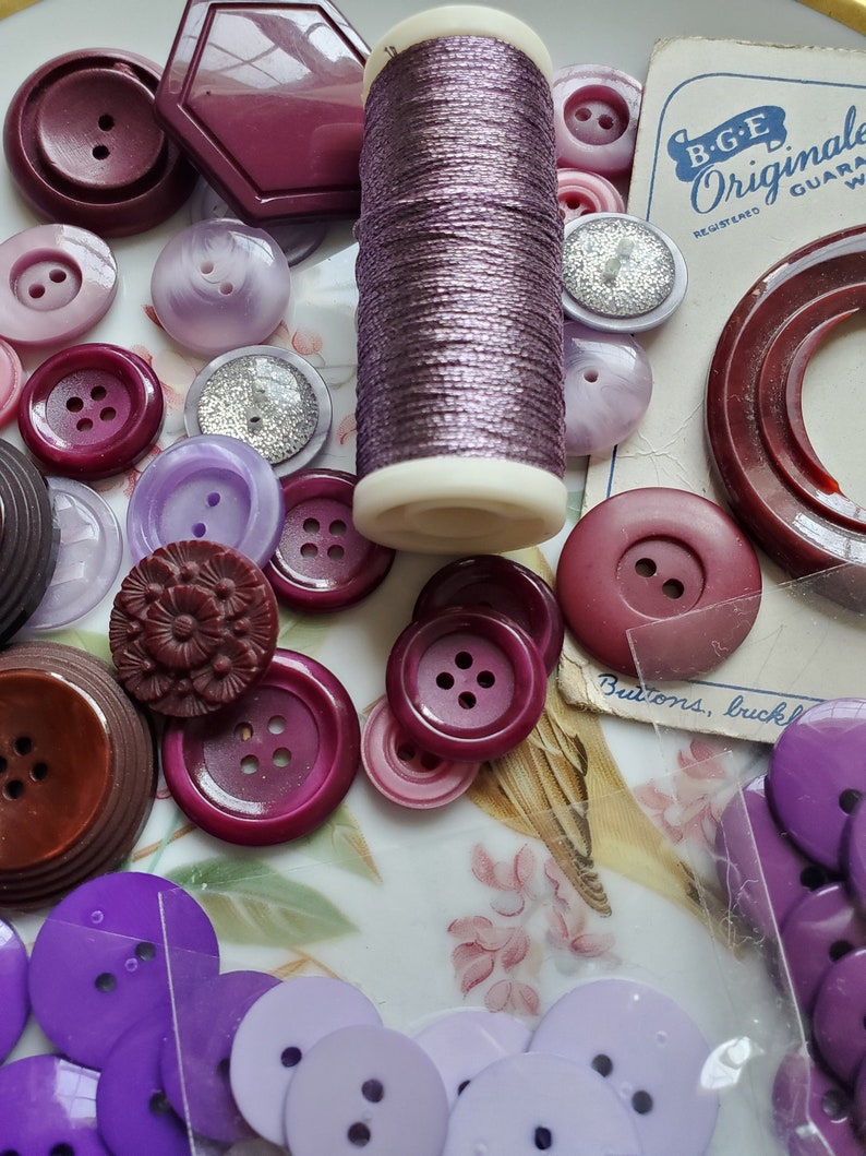 Fifty Cottage Chic Buttons .. Shades of Purple plus Thread .. Buttons. 50