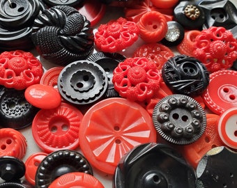 Forty Five (45) Red or Black .... Vintage Buttons. Pierced, Carved, Vintage Plastic Buttons.