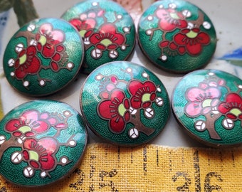 Six (6) Vintage Japanese Cloisonne Metal Buttons. Flowering Tree. Measure about 1" and have metal loop shanks. Lovely.