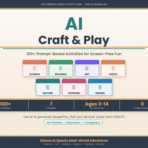 Op de afbeelding: Digitale download getiteld "AI Craft & Play" met kleurrijke vakken voor activiteiten zoals Wetenschap, Kunst en Koken. De gids biedt 100+ activiteiten voor kinderen van 3-14 jaar, die schermvrij plezier bevorderen. Tekst: "Where AI Sparks Real-World Adventure."