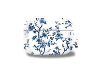 Blue toile AirPods 4 Case Flowers cover fits AirPods Pro, Pro 2, airpods 1/2, Samsung buds case, Google Pixel Buds Case