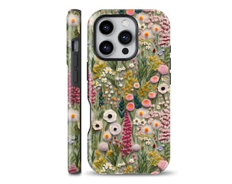 Embroidery Handytasche Frühlingsblumen passend für iPhone 16, 15, 13, 12, Samsung S25, A54, S21, S23 Ultra, Google Pixel 9, 7A