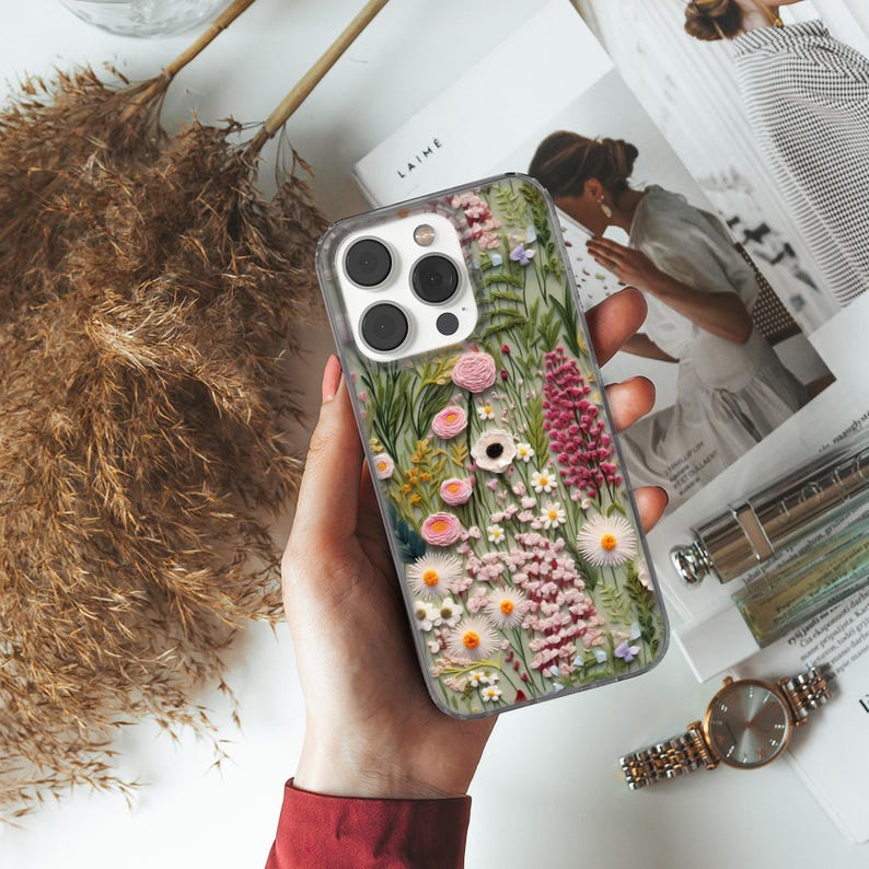 Wild flowers Phone Case Embroidery cover for iPhone 16, 14, 13, 12, 11, SE, Samsung S25, A15, S21, S23 Ultra, Google pixel 8, 9 Pro image 7