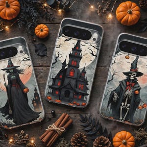 May include: Three clear smartphone cases featuring Halloween-themed illustrations. The left case shows a witch in a black gown, the center case depicts a dark gothic mansion, and the right case displays a skeleton wearing a black hat and cloak.