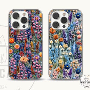 Bestickte iPhone 16e Hülle, Wild Flower Tasche für iPhone 15 pro, 14, 13, 12, 11, SE, Samsung S25, A15, S21, S23 Ultra, Google Pixel 8, 9 Pro