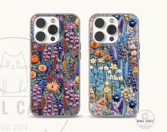 Embroidered iPhone 16e case, Wild Flower case for iPhone 15 pro, 14, 13, 12, 11, SE, Samsung S25, A15, S21, S23 Ultra, Google pixel 8, 9 Pro