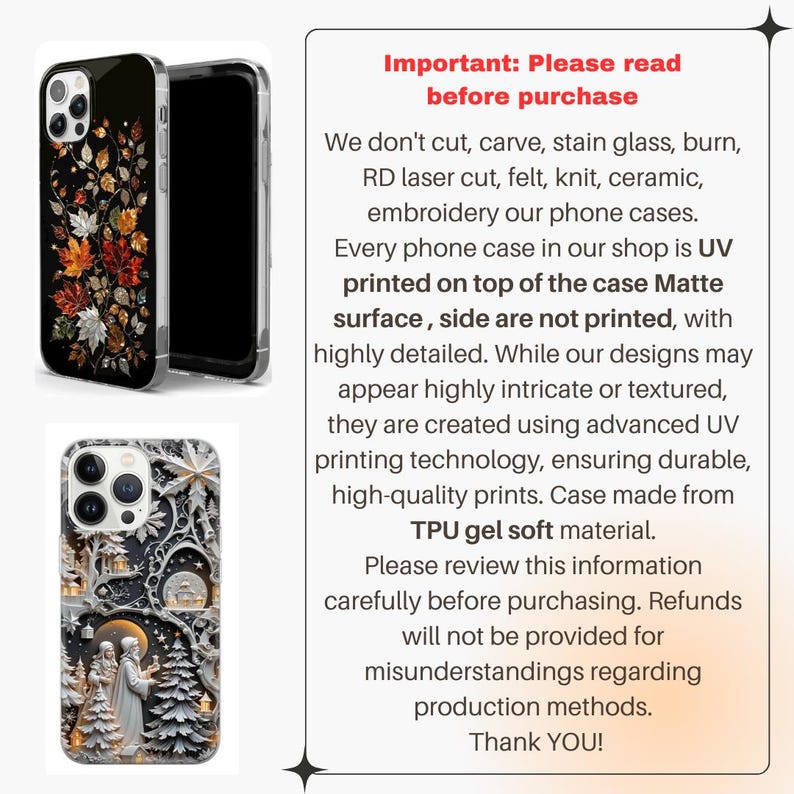 Puede incluir: Funda de tel&eacute;fono negra con un dise&ntilde;o de hojas de oto&ntilde;o y una funda transparente. El texto en la imagen dice "Important: Please read before purchase". Las fundas de tel&eacute;fono est&aacute;n hechas de material de gel TPU suave.