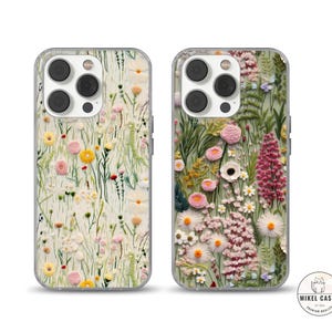 Coque de portable fleurs sauvages brodées pour iPhone 16, 14, 13, 12, 11, SE, Samsung S25, A15, S21, S23 Ultra, Google pixel 8, 9 Pro