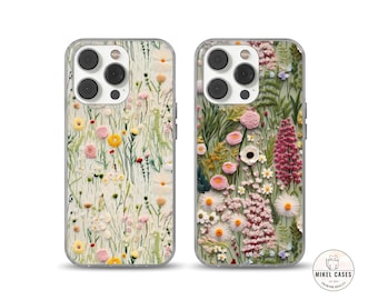 Wild flowers Phone Case Embroidery cover for iPhone 16, 14, 13, 12, 11, SE, Samsung S25, A15, S21, S23 Ultra, Google pixel 8, 9 Pro