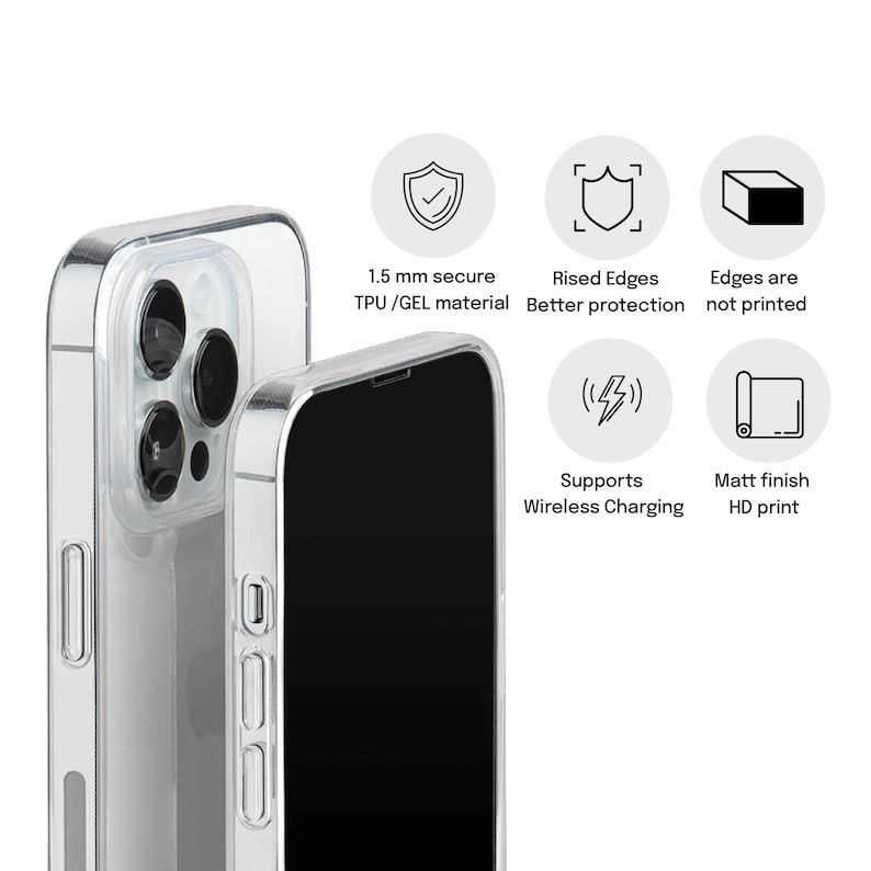 Puede incluir: Funda transparente para tel&eacute;fono con marco plateado, que muestra un tel&eacute;fono. Incluye material TPU/GEL seguro de 1,5 mm, bordes elevados para una mejor protecci&oacute;n y soporte para carga inal&aacute;mbrica. Acabado mate con impresi&oacute;n HD.