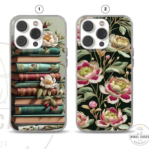 Books Floral Embroidery Phone Case iPhone 16e, 16 pro max 14, 13, 12, 11, SE, Samsung S25 Edge, A15, S21, S23, Pixel 9A, 8 Pro