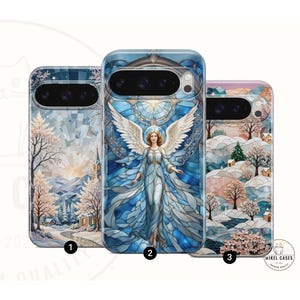 May include: Three phone cases with unique designs. One features a winter landscape, another an angel with outstretched wings, and the third a serene scene with trees and a river. Each case has a glossy finish.