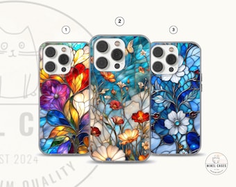 Wild flowers iPhone Case 16e, Stained glass cover for iPhone  15 pro  max, 14, 13, 12, 11, SE, Samsung S25 Edge, A15, S21, S23, Pixel 9A, 8