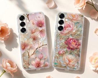 Pink flowers Stained glass phone case Samsung Galaxy A17,  A26 , A36 ,A55 S25, S24FE, S23FE,S22,S26, iPhone 17 ,Pixel 10, 9 Pro XL