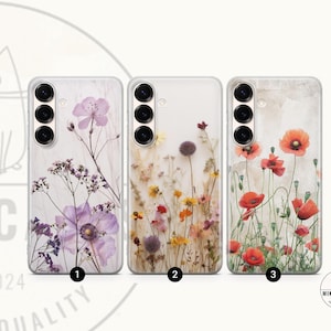 Funda de teléfono con diseño botánico de flores silvestres para Samsung S25, A26, A17, S21, S23, Pixel 9A, 8 Pro, iPhone 17, 16e, 14, 13, 12, 11, SE y Pixel.