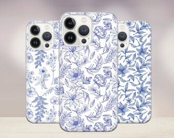 Blauwe bloemen telefoonhoesje Botanisch ontwerp Cover voor iPhone 15Pro, 14, 13, 12, 11, Pixel 8, 7A, 6A, Samsung Galaxy S24Ultra, S23fe, S22, A51