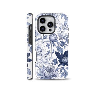 Blue toile Tough Phone Case Floral Cover fits i Samsung S25, A54, S21, S23 Ultra, Phone 16, 15, 13, 12, Google pixel 9, 7A