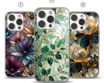 Flowers Stained Glass Phone Case, iPhone 16 15 14 13 12 11 Pro Max, S25 S24 S23 Ultra, Pixel 10 9 8 ,Gift for Her