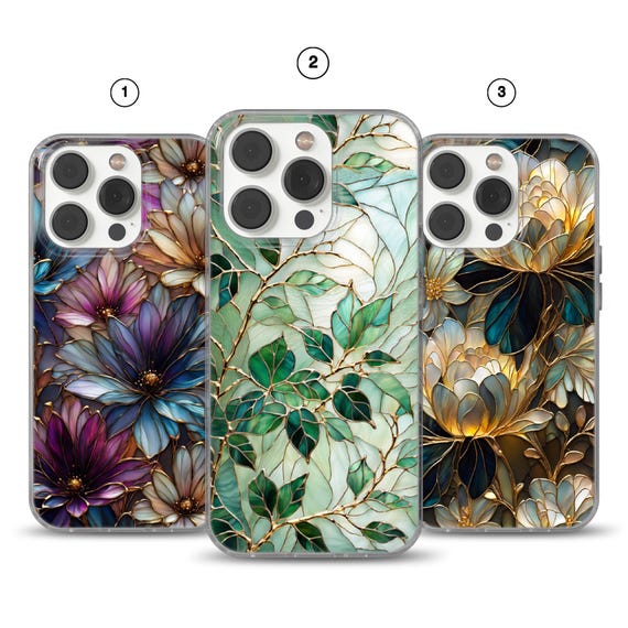 Flowers Stained Glass Phone Case, iPhone 16 15 14 13 12 11 Pro Max, S25 S24 S23 Ultra, Pixel 10 9 8 ,Gift for Her