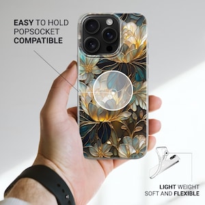 Puede incluir: Funda transparente para tel&eacute;fono con dise&ntilde;o floral en tonos dorados, azules y verdes. Se muestra con el texto "EASY TO HOLD POPSOCKET COMPATIBLE" y "LIGHT WEIGHT SOFT AND FLEXIBLE".