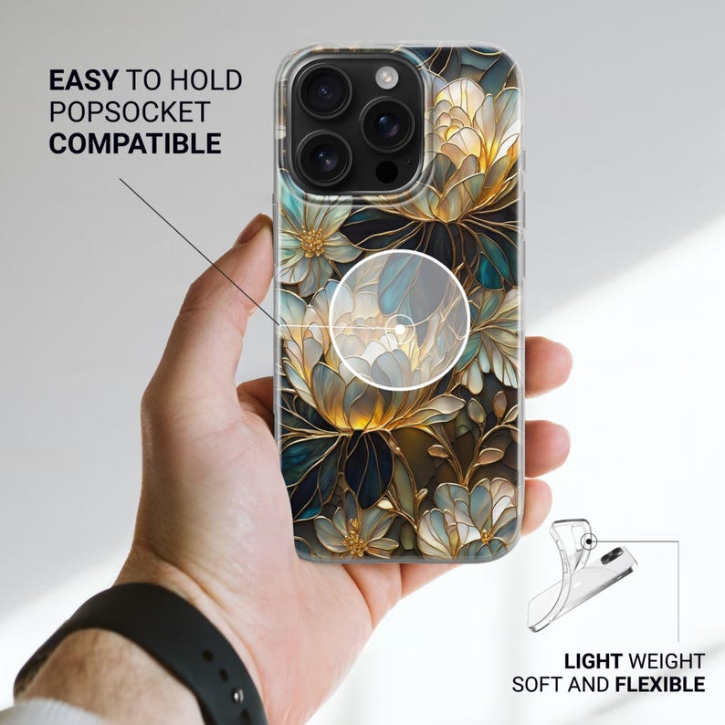 Puede incluir: Funda transparente para tel&eacute;fono con dise&ntilde;o floral en tonos dorados, azules y verdes. Se muestra con el texto "EASY TO HOLD POPSOCKET COMPATIBLE" y "LIGHT WEIGHT SOFT AND FLEXIBLE".