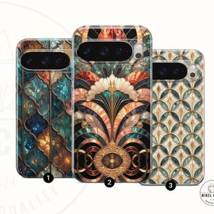 May include: Three phone cases with colorful, ornate designs. The first case features a teal and gold stained glass pattern. The second case has a floral design with gold accents. The third case has a green and gold geometric pattern. The cases are labeled 1, 2, and 3.