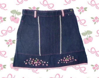 Mezzo Piano Y2k 2000s 90s Mcbling Harajuku Vintage Denim Mini Skirt Embroidered With Strawberry For Kid Teenager Kidcore