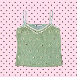 Fairy Hippie Boho Vintage Retro Y2k Clothing 2000s 90s Clothes Floral Green Camisole Babytee Crop Top Shirt
