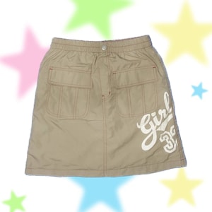 Y2k 2000s 90s Grunge Vintage Beige Brown Cream Cargo Mini Skirt Track Skirt Streetwear With White Screen For Kid Teenager Kidcore