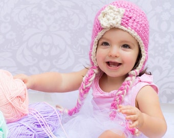 Crochet Flapper Hat with Earflaps and Braids in Powder Pink - crochet winter hats for women - crochet flapper hats for girls