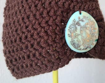 Crochet Women's Flapper Hat in Chocolate Brown with Aqua Blue Brooch - Silver Flowers - Sized for Women