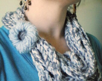 Half Price  Sale & Ready to Ship! Crochet Infinity Scarf in Blue, White, and Gray - Winter Chain Scarf Infinity Scarves for Women