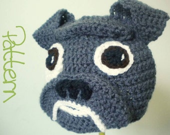 Crochet Hat Pattern - Crochet Bulldog Animal Beanie with Floppy Ears, Wrinkly Snout - Crochet Beanie Pattern